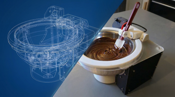 Blueprint wireframe and photo of an advanced chocolate tempering machine